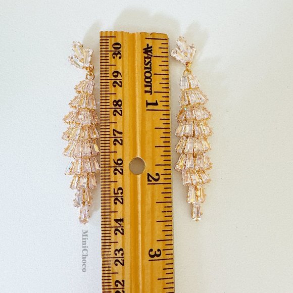 Silver Tone CZ Icy Clear Baguette Kang Kang Chandelier Earrings - Picture 5 of 7